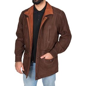 Mens Real NUBUCK Leather Parka Jacket Brown/ Tan Trim 3/4 Long Car Coat - Henry in Kuwait
