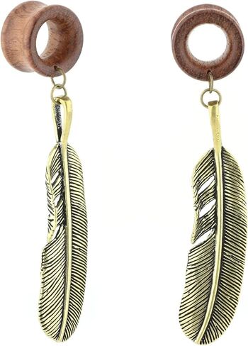 Balala 8mm-22mm Antique Brass Feather Dangle Wood Ear Gauges Flesh Tunnels Piercing Plugs, Oval Turquoise Center in Kuwait