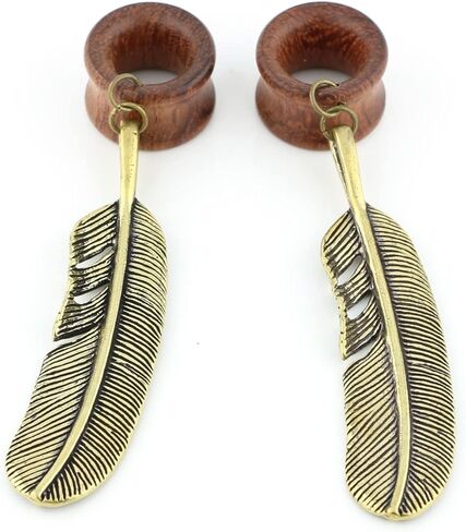 Balala 8mm-22mm Antique Brass Feather Dangle Wood Ear Gauges Flesh Tunnels Piercing Plugs, Oval Turquoise Center in Kuwait