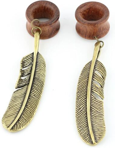 Balala 8mm-22mm Antique Brass Feather Dangle Wood Ear Gauges Flesh Tunnels Piercing Plugs, Oval Turquoise Center in Kuwait