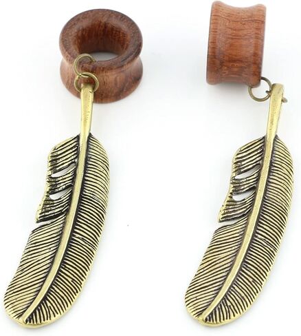 Balala 8mm-22mm Antique Brass Feather Dangle Wood Ear Gauges Flesh Tunnels Piercing Plugs, Oval Turquoise Center in Kuwait