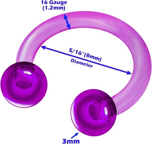 2Pcs Acrylic Purple 16 Gauge 5/16 8mm Horseshoe Circular Barbell Piercing Jewelry Daith Eyebrow Nose Lip Rook 3mm Ball M0565 in Saudi Arabia
