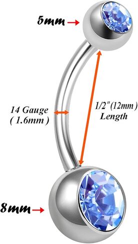 bodyjewellery 14g 1/2 Internally Threaded Belly Ring Banana Crystal Surgical Steel navels Stud Non Dangle Ball D4HCG- Pick Color in Saudi Arabia