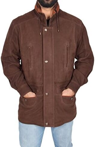Mens Real NUBUCK Leather Parka Jacket Brown/ Tan Trim 3/4 Long Car Coat - Henry in Kuwait