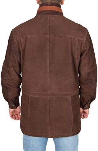Mens Real NUBUCK Leather Parka Jacket Brown/ Tan Trim 3/4 Long Car Coat - Henry in Kuwait