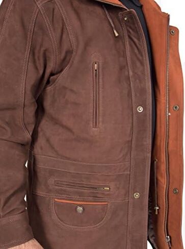 Mens Real NUBUCK Leather Parka Jacket Brown/ Tan Trim 3/4 Long Car Coat - Henry in Kuwait