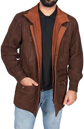 Mens Real NUBUCK Leather Parka Jacket Brown/ Tan Trim 3/4 Long Car Coat - Henry in Kuwait