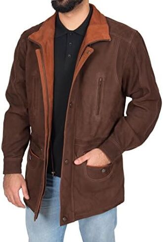Mens Real NUBUCK Leather Parka Jacket Brown/ Tan Trim 3/4 Long Car Coat - Henry in Kuwait