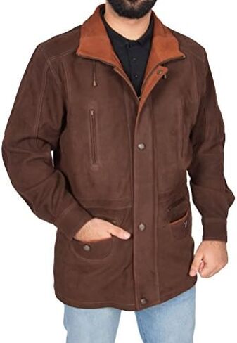 Mens Real NUBUCK Leather Parka Jacket Brown/ Tan Trim 3/4 Long Car Coat - Henry in Kuwait