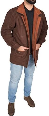 Mens Real NUBUCK Leather Parka Jacket Brown/ Tan Trim 3/4 Long Car Coat - Henry in Kuwait