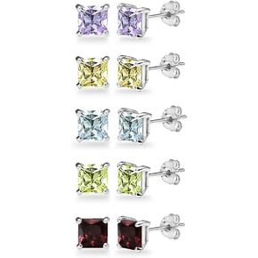 5-Pair Set Sterling Silver Amethyst, Blue Topaz, Citrine, Garnet & Peridot 5mm Princess-Cut Square Stud Earrings in Saudi Arabia