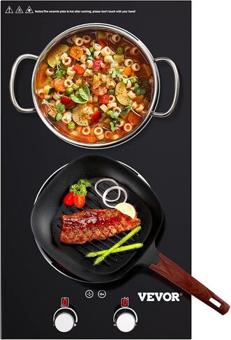 موقد كهربائي مدمج من VEVOR، 11 بوصة 2 شعلات، موقد زجاجي سيراميك 220 فولت مع تحكم في المقبض، مؤقت وقفل للأطفال، 9 مستويات طاقة مع وظيفة تعزيز للقلي بالبخار على نار خفيفة in Kuwait