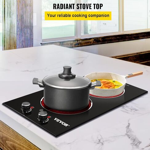 موقد كهربائي مدمج من VEVOR، 11 بوصة 2 شعلات، موقد زجاجي سيراميك 220 فولت مع تحكم في المقبض، مؤقت وقفل للأطفال، 9 مستويات طاقة مع وظيفة تعزيز للقلي بالبخار على نار خفيفة in Kuwait