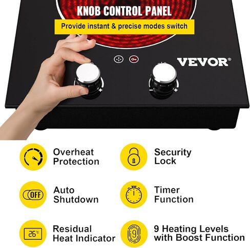 موقد كهربائي مدمج من VEVOR، 11 بوصة 2 شعلات، موقد زجاجي سيراميك 220 فولت مع تحكم في المقبض، مؤقت وقفل للأطفال، 9 مستويات طاقة مع وظيفة تعزيز للقلي بالبخار على نار خفيفة in Kuwait