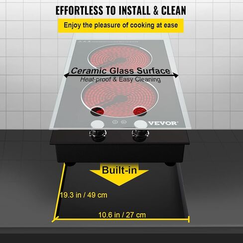 موقد كهربائي مدمج من VEVOR، 11 بوصة 2 شعلات، موقد زجاجي سيراميك 220 فولت مع تحكم في المقبض، مؤقت وقفل للأطفال، 9 مستويات طاقة مع وظيفة تعزيز للقلي بالبخار على نار خفيفة in Kuwait