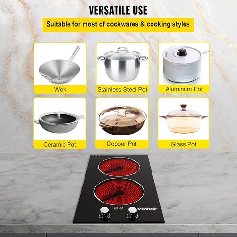 موقد كهربائي مدمج من VEVOR، 11 بوصة 2 شعلات، موقد زجاجي سيراميك 220 فولت مع تحكم في المقبض، مؤقت وقفل للأطفال، 9 مستويات طاقة مع وظيفة تعزيز للقلي بالبخار على نار خفيفة in Kuwait