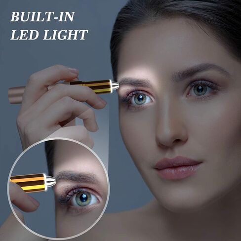 ماكينة تشذيب الحواجب الكهربائية للنساء مع ضوء LED قابلة لإعادة الشحن - ماكينة إزالة شعر الوجه بدقة غير مؤلمة ومزيل الحواجب للوجه والأنف والشفاه | ذهب in Saudi Arabia