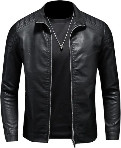 Men's Slim Fit Faux Leather Jacket Lightweight PU Motorcyle Biker Jackets Waterproof Windproof Bomber Outwear Coat in Kuwait