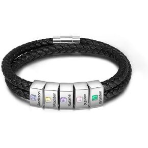 Personalized Men Black Braid Bracelet, Custom Leather Bracelet for Men with 2-5 Names Engraved Names Beads Unisex Engraved Men's ID Bracelet for Birthday Father's Day Valentine's Day for Boyfriend in Kuwait