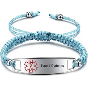 JF.JEWELRY Pre-Engraved Type 1 Diabetes Medical Alert ID Bracelets for Men and Women Braided Nylon Rope
