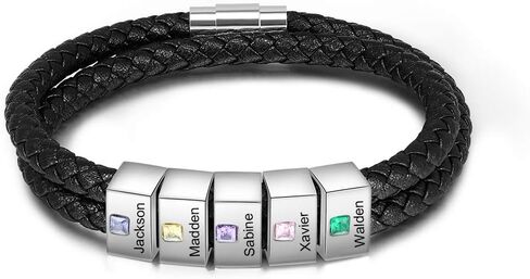 Personalized Men Black Braid Bracelet, Custom Leather Bracelet for Men with 2-5 Names Engraved Names Beads Unisex Engraved Men's ID Bracelet for Birthday Father's Day Valentine's Day for Boyfriend in Kuwait