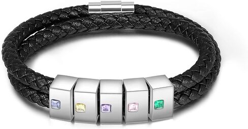 Personalized Men Black Braid Bracelet, Custom Leather Bracelet for Men with 2-5 Names Engraved Names Beads Unisex Engraved Men's ID Bracelet for Birthday Father's Day Valentine's Day for Boyfriend in Kuwait