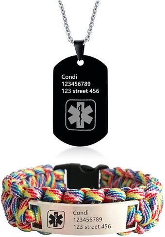 ZKXXJ Medical Alert ID Bracelets and Necklaces Set for Men - Stainless Steel Medic Identification Pendant Necklace Dog Tag & Paracord Rope Cuff Bracelet Allergy Awareness Jewelry,Customizable in Saudi Arabia