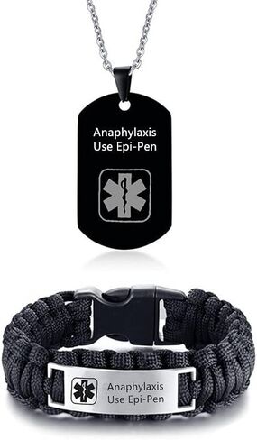 ZKXXJ Medical Alert ID Bracelets and Necklaces Set for Men - Stainless Steel Medic Identification Pendant Necklace Dog Tag & Paracord Rope Cuff Bracelet Allergy Awareness Jewelry,Customizable in Saudi Arabia