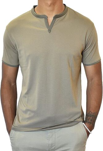 Men's Short Sleeve Soft Luxurious Rayon Blend, Breathable, Quick Dry, Henley Notch V-Neck, Banded Collar Shirt in Kuwait