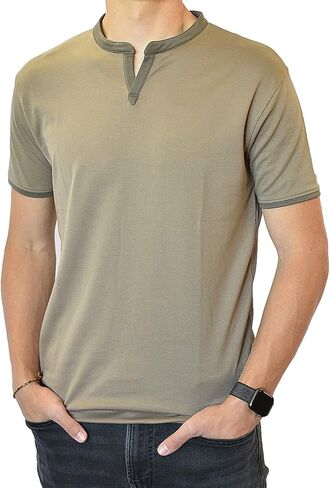 Men's Short Sleeve Soft Luxurious Rayon Blend, Breathable, Quick Dry, Henley Notch V-Neck, Banded Collar Shirt in Kuwait