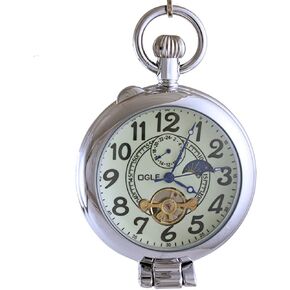 OGLE Waterproof Silver Magnifier Tourbillon Phases Moon Chain Fob Self Winding Automatic Skeleton Half Hunters Mechanical Pocket Watch