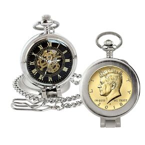 Coin Pocket Watch with Skeleton Movement | Gold Layered JFK Half Dollar | Genuine U.S. Coin | Sweeping Second Hand, Magnifying Glass | Silvertone Case | Certificate of Authenticity in Kuwait