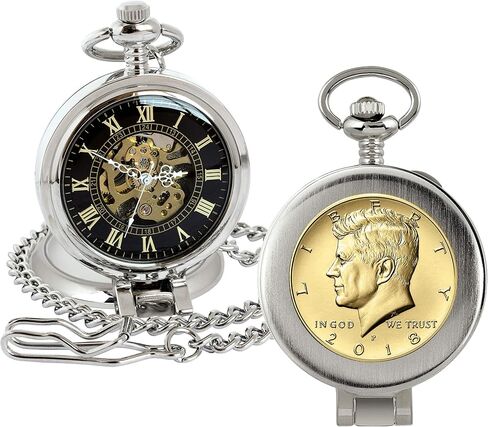 Coin Pocket Watch with Skeleton Movement | Gold Layered JFK Half Dollar | Genuine U.S. Coin | Sweeping Second Hand, Magnifying Glass | Silvertone Case | Certificate of Authenticity in Saudi Arabia