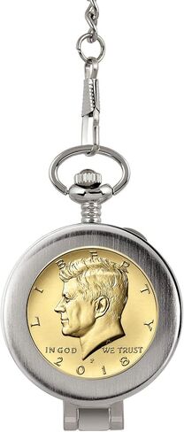 Coin Pocket Watch with Skeleton Movement | Gold Layered JFK Half Dollar | Genuine U.S. Coin | Sweeping Second Hand, Magnifying Glass | Silvertone Case | Certificate of Authenticity in Saudi Arabia