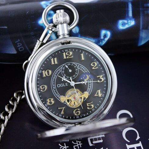 OGLE Waterproof Luminous Magnifier Tourbillon Moon Sun Chain Fob Self Wind Automatic Mechanical Pocket Watch in Saudi Arabia