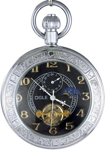 OGLE Waterproof Luminous Magnifier Tourbillon Moon Sun Chain Fob Self Wind Automatic Mechanical Pocket Watch in Saudi Arabia