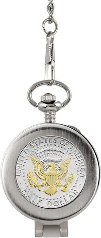 Coin Pocket Watch with Skeleton Movement | Presidential Seal JFK Half Dollar | Genuine U.S. Coin | Sweeping Second Hand, Magnifying Glass | Silvertone Case | Certificate of Authenticity in Saudi Arabia