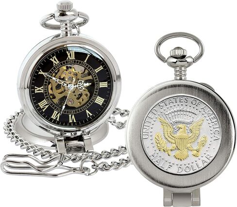 Coin Pocket Watch with Skeleton Movement | Presidential Seal JFK Half Dollar | Genuine U.S. Coin | Sweeping Second Hand, Magnifying Glass | Silvertone Case | Certificate of Authenticity in Saudi Arabia