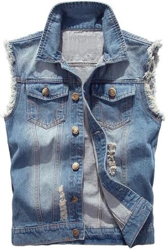 Elonglin Men Denim Vest Sleeveless Jeans Jacket Casual Ripped Vintage Cowboy Vest in Kuwait