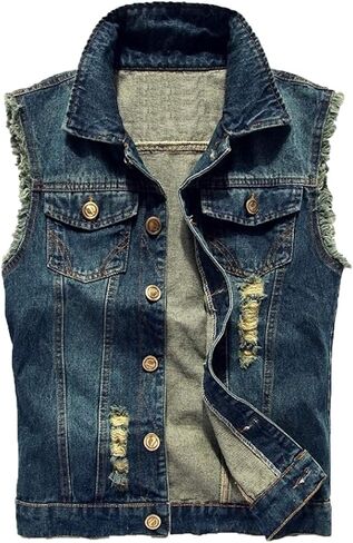 Elonglin Men Denim Vest Sleeveless Jeans Jacket Casual Ripped Vintage Cowboy Vest in Kuwait