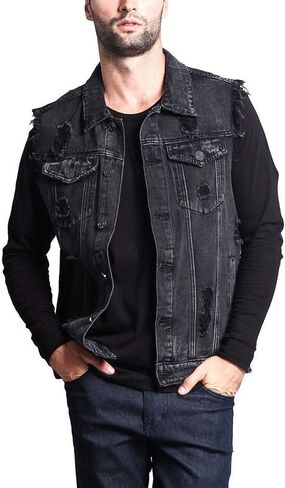 Elonglin Men Denim Vest Sleeveless Jeans Jacket Casual Ripped Vintage Cowboy Vest in Kuwait