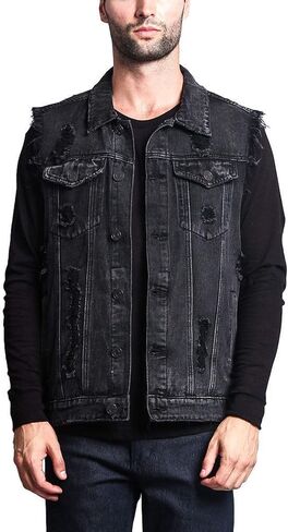 Elonglin Men Denim Vest Sleeveless Jeans Jacket Casual Ripped Vintage Cowboy Vest in Kuwait