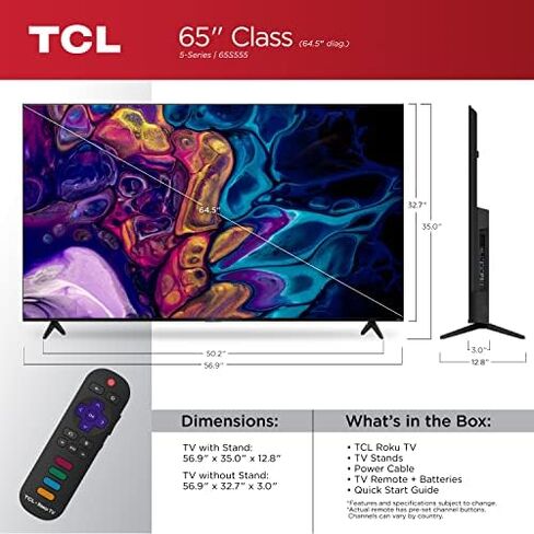تي سي ال 65 بوصة الفئة 5-Series 4K UHD QLED Dolby Vision & Atmos، VRR، AMD FreeSync، تلفزيون Roku الذكي - 65S555 (موديل 2022)، أسود in Kuwait