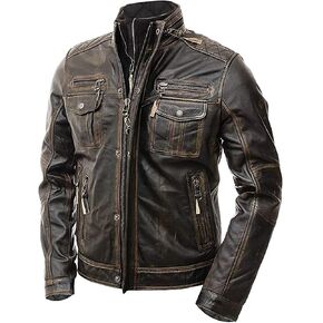 SNA Collection Men’s Motorcycle Biker Slim Fit Vintage Distressed Brown Cafe Racer Real Leather Jacket in Saudi Arabia