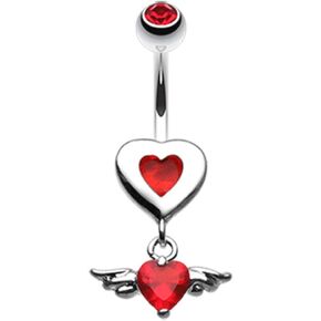 14G Stainless Steel Red CZ Crystal Winged Heart Dangling Belly Button Ring in Saudi Arabia