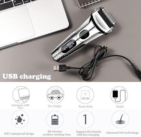 Electric Razor for Men, Men's Foil Shaver,Wet/Dry IPX7 Waterproof Electric Shavers for Men with Pop-up Beard Trimmer,Cordless Rechargeable Mens Razor with Leather Travel Case-Silver in Kuwait