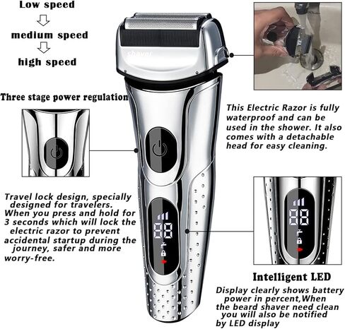 Electric Razor for Men, Men's Foil Shaver,Wet/Dry IPX7 Waterproof Electric Shavers for Men with Pop-up Beard Trimmer,Cordless Rechargeable Mens Razor with Leather Travel Case-Silver in Kuwait