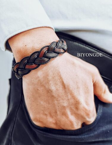 Handmade Brown Braided Leather Bangle Bracelet, Black Stainless Steel Magnetic Clasp, Mens Stylish in Saudi Arabia