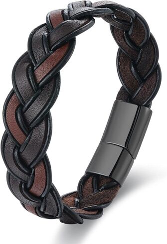 Handmade Brown Braided Leather Bangle Bracelet, Black Stainless Steel Magnetic Clasp, Mens Stylish in Saudi Arabia