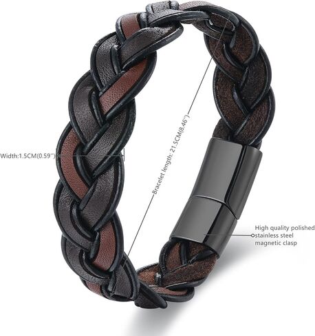 Handmade Brown Braided Leather Bangle Bracelet, Black Stainless Steel Magnetic Clasp, Mens Stylish in Saudi Arabia